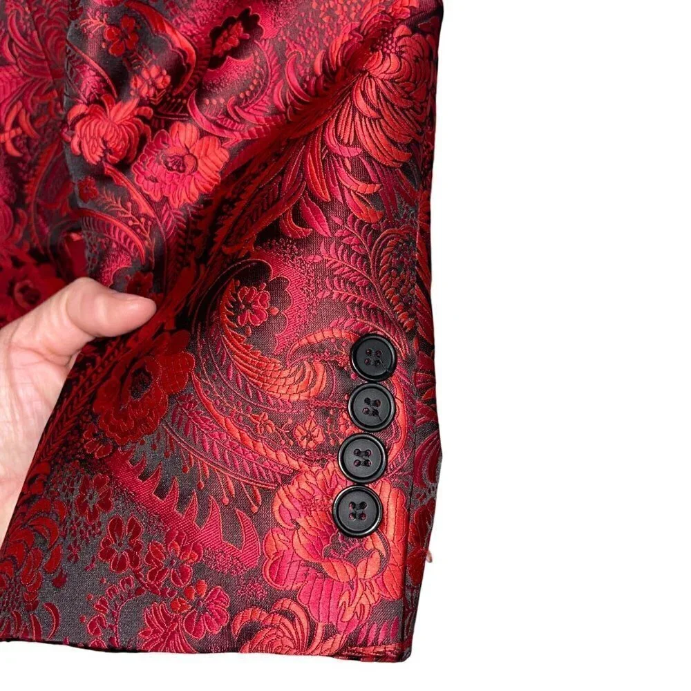 Leonardi Mens Jacket Size Large Red Floral Woven Two Button Pockets Party